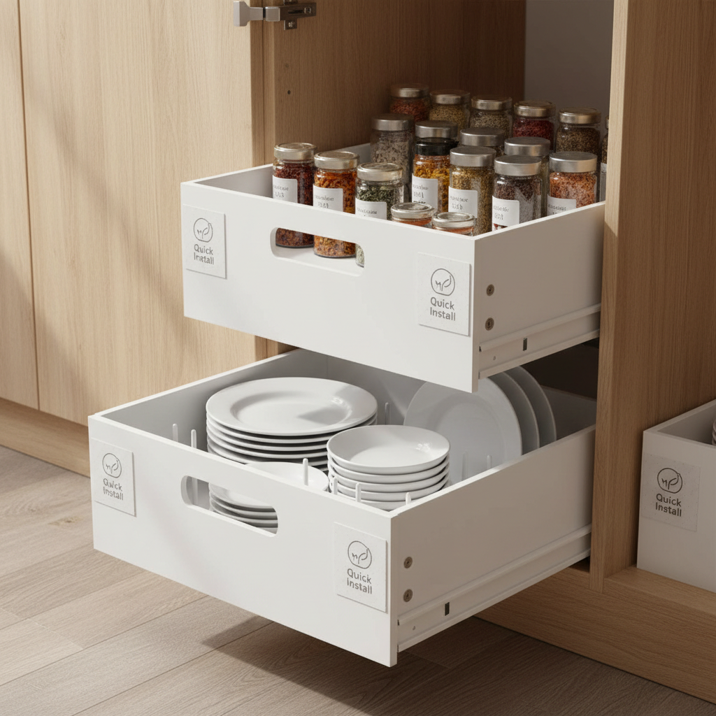 Tiroirs coulissants blancs à poignée installés dans un placard de cuisine sans perçage