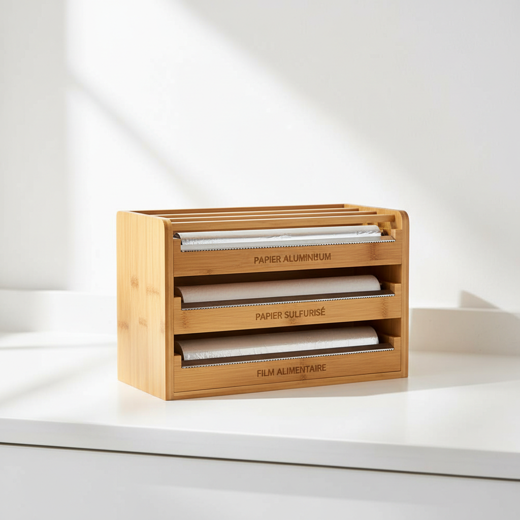 Organisateur distributeur en bambou 3 étages pour papier aluminium, sulfurisé et film alimentaire